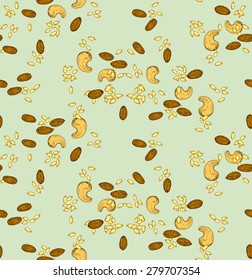 Seamless pattern of sunflower seeds, cashews and almonds