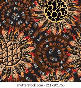 Nahtlose Muster von Sonnenblumenkernen und -blumen. Design der Verpackung, Etiketten, Gewebe, Papier, Öko-Produkte, Samen, Wallpaper. Vektorgrafiken.