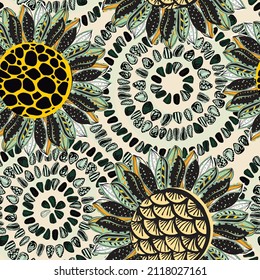 Seamless pattern of sunflower seeds and flowers. Design of packaging, labels, fabric, paper, eco-products, seeds, wallpapers. Vector graphics.