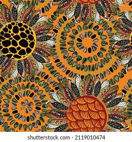 Nahtlose Muster von Sonnenblumenkernen und -blumen. Design der Verpackung, Etiketten, Gewebe, Papier, Öko-Produkte, Samen, Wallpaper. Vektorgrafiken.