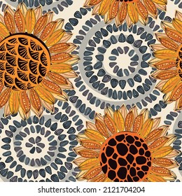 Seamless pattern of sunflower seeds and flowers. Design of packaging, labels, fabric, paper, eco-products, seeds, wallpapers. Vector graphics.