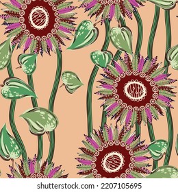 Patrón sin foco de semillas de girasol y flores. Diseño de embalajes, etiquetas, tela, papel, ecomderivados, semillas, tapices. Gráficos vectoriales.