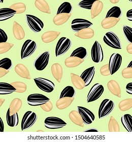 Seamless pattern with sunflower seeds on green background