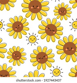 Seamless pattern with sunflower and sun cartoons on white background vector illustration. Cute cartoon wallpaper.