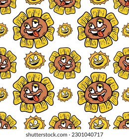 seamless pattern of sunflower and sun characters on a white background