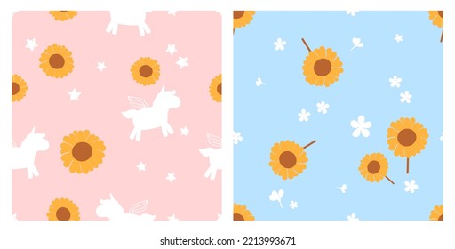 Nahtloses Muster mit Sonnenblumen, einsamen Cartoons und blühender Blume auf rosafarbenem und blauem Hintergrund, Vektorgrafik. Kindischer Druck.