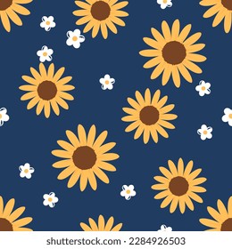 Seamless pattern with sunflower and white flower on blue background vector illustration.