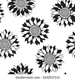 Seamless pattern with sunflowers. Abstract floral background. Black and white vector illustration.
