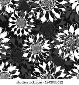 Seamless pattern with sunflowers. Abstract floral background. Black and white vector illustration.