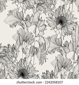 Seamless pattern of sunflowers, amaryllis, dahlia, roses flowers for fabric design. Luxurious line art of spring flowers. Vector illustration.