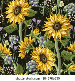 Seamless pattern with sunflowers, artichokes and wild flowers . Vector illustration