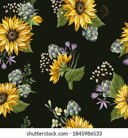 Seamless pattern with sunflowers, artichokes and wild flowers . Vector illustration