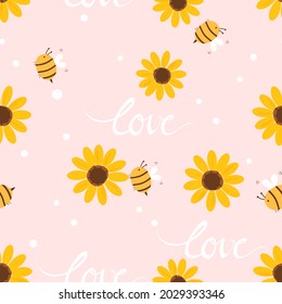 Seamless pattern with sunflowers bee cartoons and hand written font on pink background vector illustration.