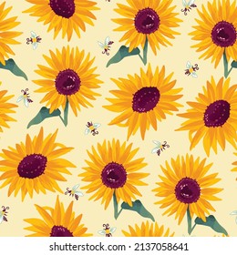 Seamless pattern with sunflowers and bees on cream background. Ditsy decorative floral design and foliage. Flowers, honey bee, buds and leaf. Hand drawn vector illustration with separate elements.