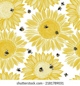 Seamless pattern of sunflowers and bees. Vector illustration
