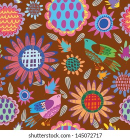 seamless pattern with sunflowers and birds.Cute seamless floral pattern.