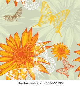 Seamless pattern with sunflowers and butterflies, hand drawing. Vector illustration.