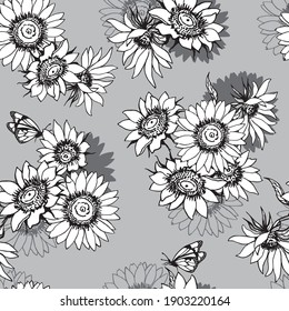 Seamless pattern with sunflowers and butterflies vector drawing black and white graphics on a gray background. Floral botanical texture for fabric, wrapping paper, wallpaper, textiles.