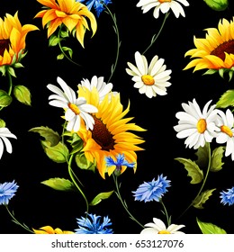 Seamless pattern of sunflowers, chamomile (camomile), cornflowers on black. Vector - stock