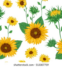 Seamless pattern with sunflowers. Collection decorative floral design elements. Flowers, buds and leaf. Isolated elements. Vintage hand drawn vector illustration in watercolor style.