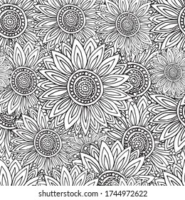 Seamless pattern with sunflowers. Coloring book for adults and children. Background image. Flowers for meditative coloring.