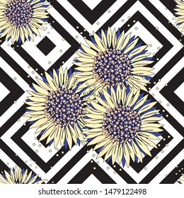 Seamless pattern with sunflowers composition. Black and white rhombus background. Vector illustration with yellow, blooming flowers. Vintage hand drawn sunflower on geometric backdrop.