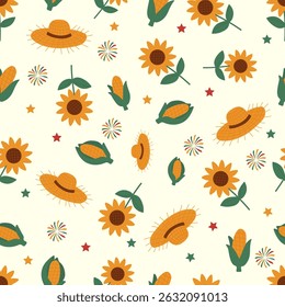 Seamless pattern with sunflowers, corn cobs, straw hats and festive fireworks. A cheerful rural-themed design for autumn festivals, harvest celebrations or farm-style packaging. Vector illustration