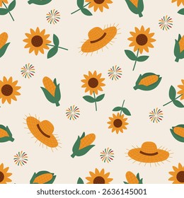 Seamless pattern with sunflowers, corn cobs, straw hats and festive fireworks. A cheerful rural-themed design for autumn festivals, harvest celebrations or farm-style packaging. Vector illustration