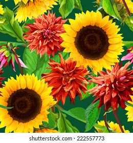 seamless pattern of sunflowers with  dahlias