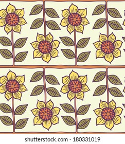 Seamless pattern with sunflowers. Decorative floral background. Colorful Vector illustration. 
