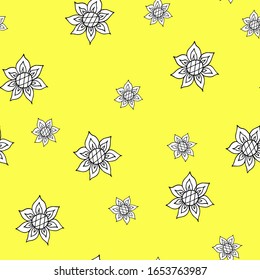 Seamless pattern with sunflowers, flowers on yellow background. Design for fabric, wrapping paper, adhesive tape, textiles, cards, notebooks. Hand drawn vector illustration