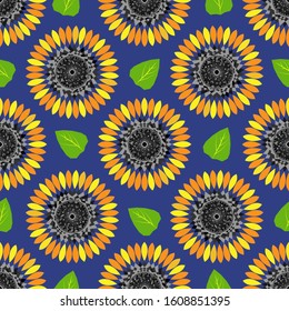 Seamless pattern of sunflowers with green leaves on blue. Repeating vector background with symmetrical flowers and leaves for cover, wallpaper, textile, fashion, wrapping, backdrop design. 