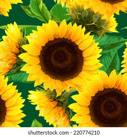 seamless pattern of sunflowers with green leaves