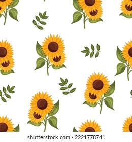 Seamless pattern with sunflowers and green leaves white background. Beautiful print for textiles, wallpaper, packaging cartoon style