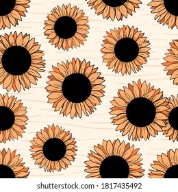 Seamless pattern with sunflowers. Hand drawn vector illustration. Texture for print, textile, fabric, packaging.