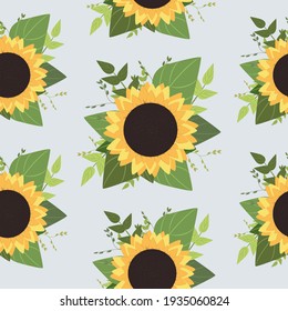 Seamless pattern with sunflowers and herbs on a blue background. Suitable for textile, fabric, cover, wallpaper, background, decoration