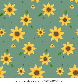 Seamless pattern with sunflowers and leafs. Flowers on green background.