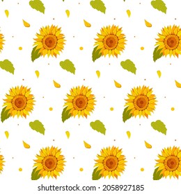 Seamless pattern of sunflowers and leaves in cartoon style. Vector illustration for print, postcard and background