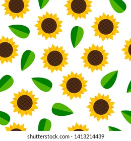 Seamless pattern with sunflowers and leaves. Floral summer background. Vector illustration.