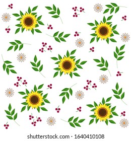 Seamless pattern of sunflowers and leaves with other decorative elements, white background, vector illustration