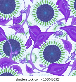 Seamless pattern, sunflowers with leaves in purple tones on a light background.