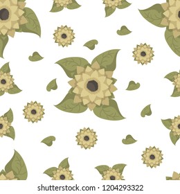 Seamless pattern with sunflowers and leaves. White background. Flat cartoon style vector illustration.