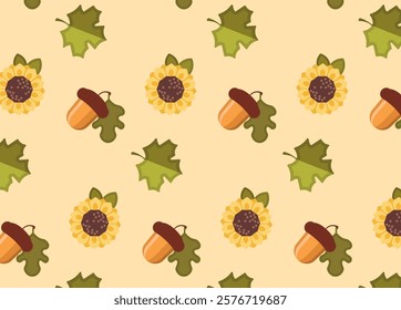 Seamless pattern of sunflowers, maple leaves and acorns. Suitable for wallpaper, gift paper, textiles, greeting cards.Vector graphics. EPS10
