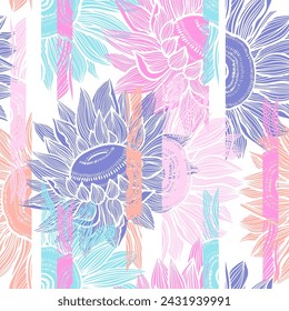 Nahtloses Muster mit Sonnenblumen. Moderner floraler Hintergrund. Kreative Textur für Stoff, Verpackung, Textil, Tapete, Bekleidung. Vektorgrafik 