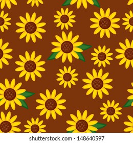 Seamless pattern with sunflowers ob brown background