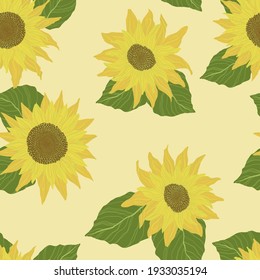 Seamless pattern with sunflowers on beige background. Vector backdrop with yellow flower in cartoon flat design. 