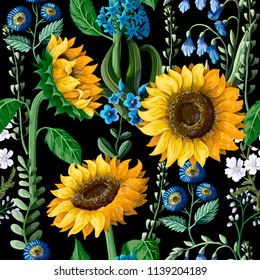 Seamless pattern with sunflowers on a black background. 