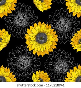 Seamless pattern with sunflowers on a black background