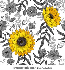 Seamless pattern with sunflowers on black and white style.