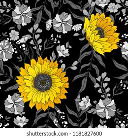 Seamless pattern with sunflowers on black and white style.